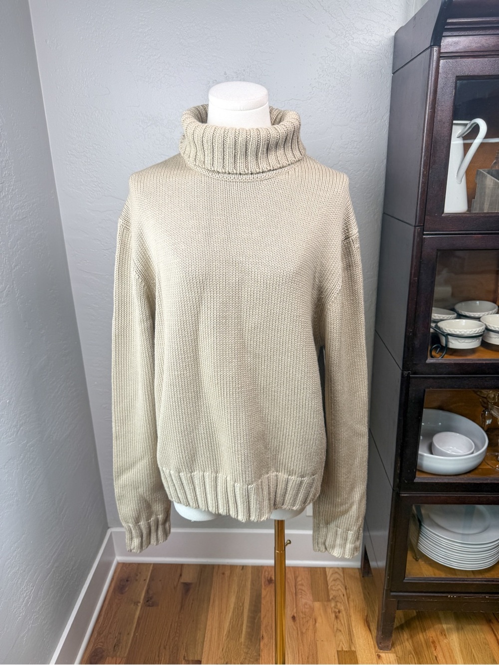 Theory 100% Wool Chunky Knit Turtleneck Sweater Beige Tan Size XL